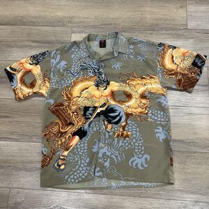 Vintage Flaming Warrior Y2K Dragon Button Up Shirt Size Mens XL Relaxed
